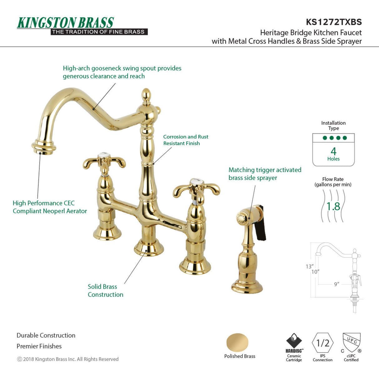 Kingston Brass KS1272TXBS French Country Bridge Kitchen Faucet with Brass Sprayer, Polished Brass