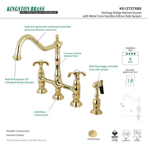 Kingston Brass KS1272TXBS French Country Bridge Kitchen Faucet with Brass Sprayer, Polished Brass