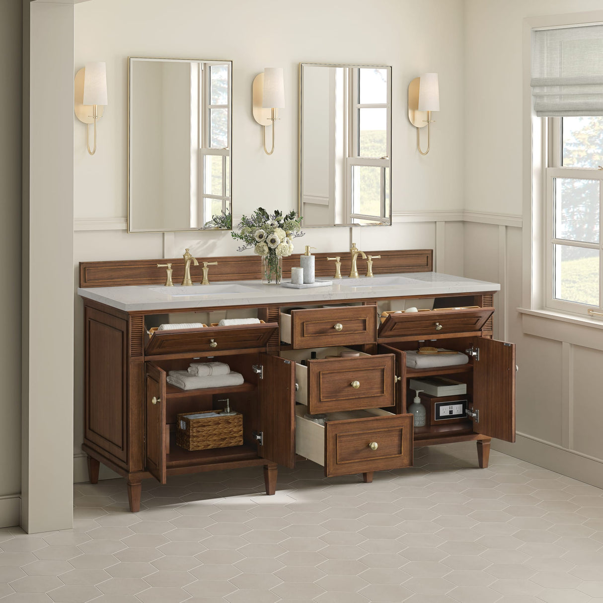 Lorelai 72" Double Vanity, Mid-Century Walnut, w/ 3 CM Siberian Silestone Top