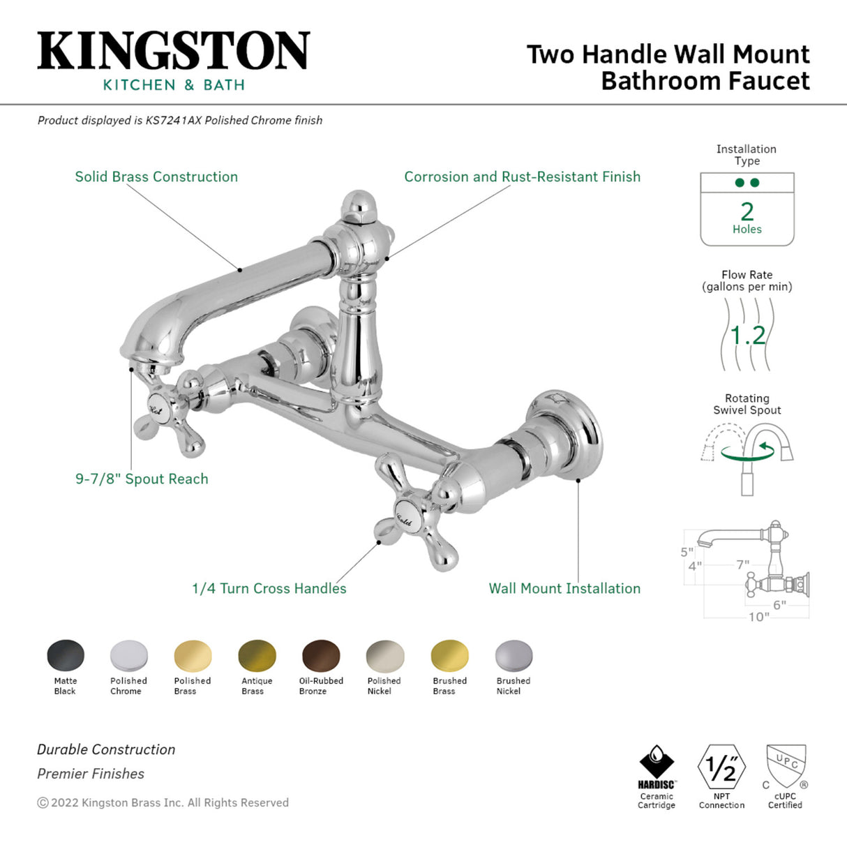Kingston Brass KS7245AX 8-Inch Center Wall Mount Bathroom Faucet, Oil Rubbed Bronze