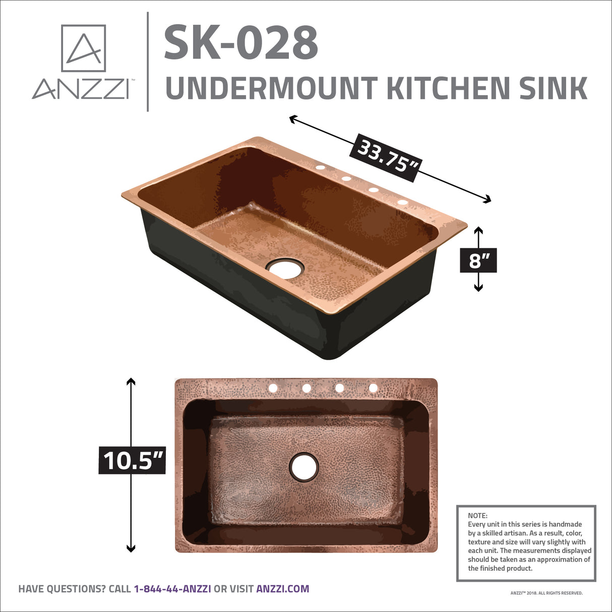 ANZZI SK-028 Lydia Drop-in Handmade Copper 33 in. 4-Hole Single Bowl Kitchen Sink in Hammered Antique Copper