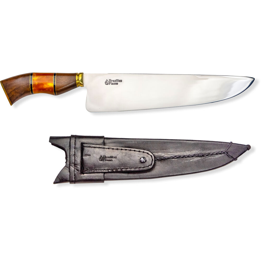 Brazilian Flame KF-REF005-10-YELLOW 10" Traditional Line Rumpsteak Knife 3mm with Wooden Handle Leather Case