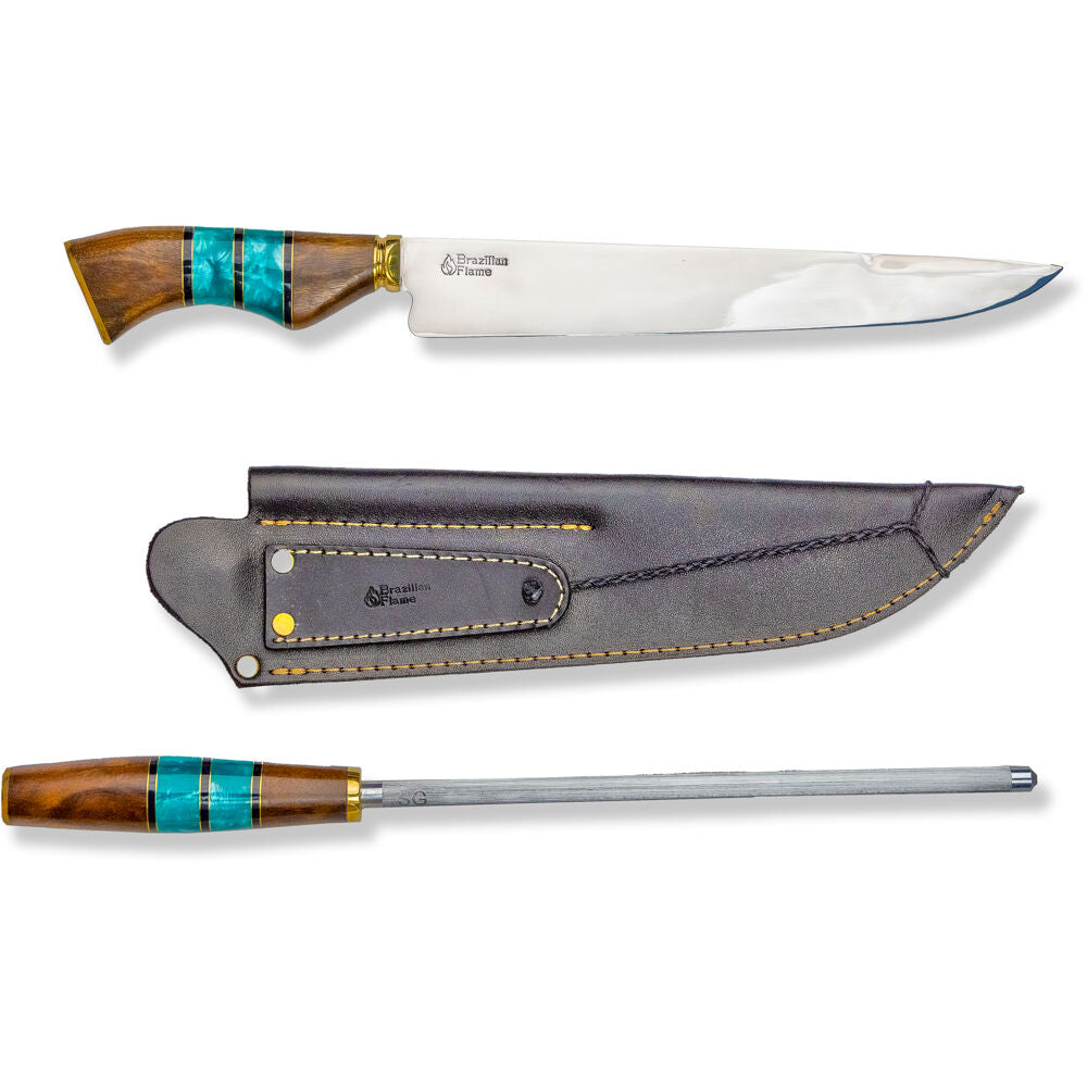 Brazilian Flame KF-REF018-10-GREEN 10" Traditional Line Stainless Steel Knife 3mm with Sharpener and w/Case