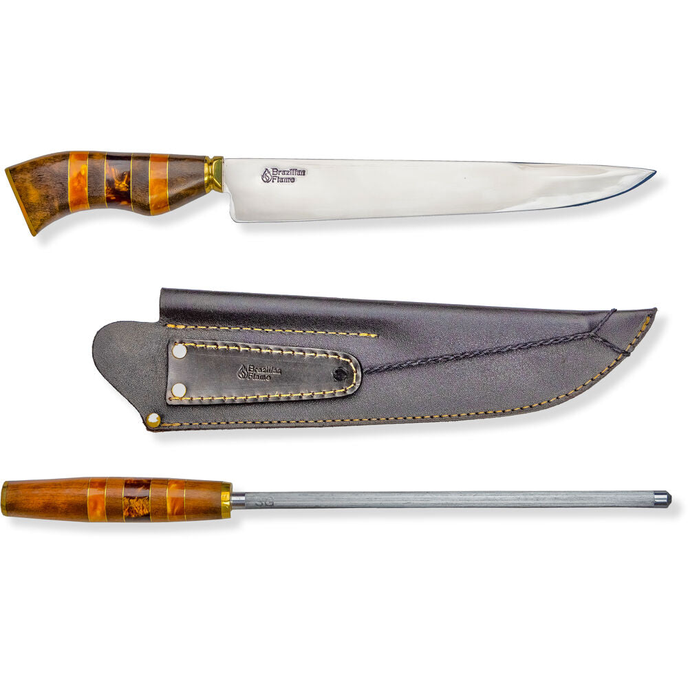 Brazilian Flame KF-REF018-10-YELLOW 10" Traditional Line Stainless Steel Knife 3mm with Sharpener and w/Case