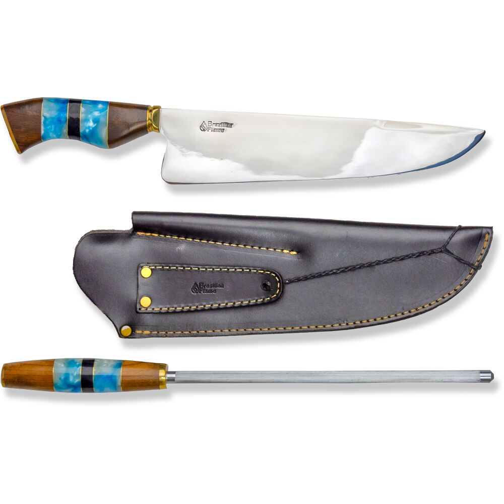 Brazilian Flame KF-REF228-10-BLUE 10" Rumpsteak Traditional Set Stainless Steel 3mm Knife + Sharpener