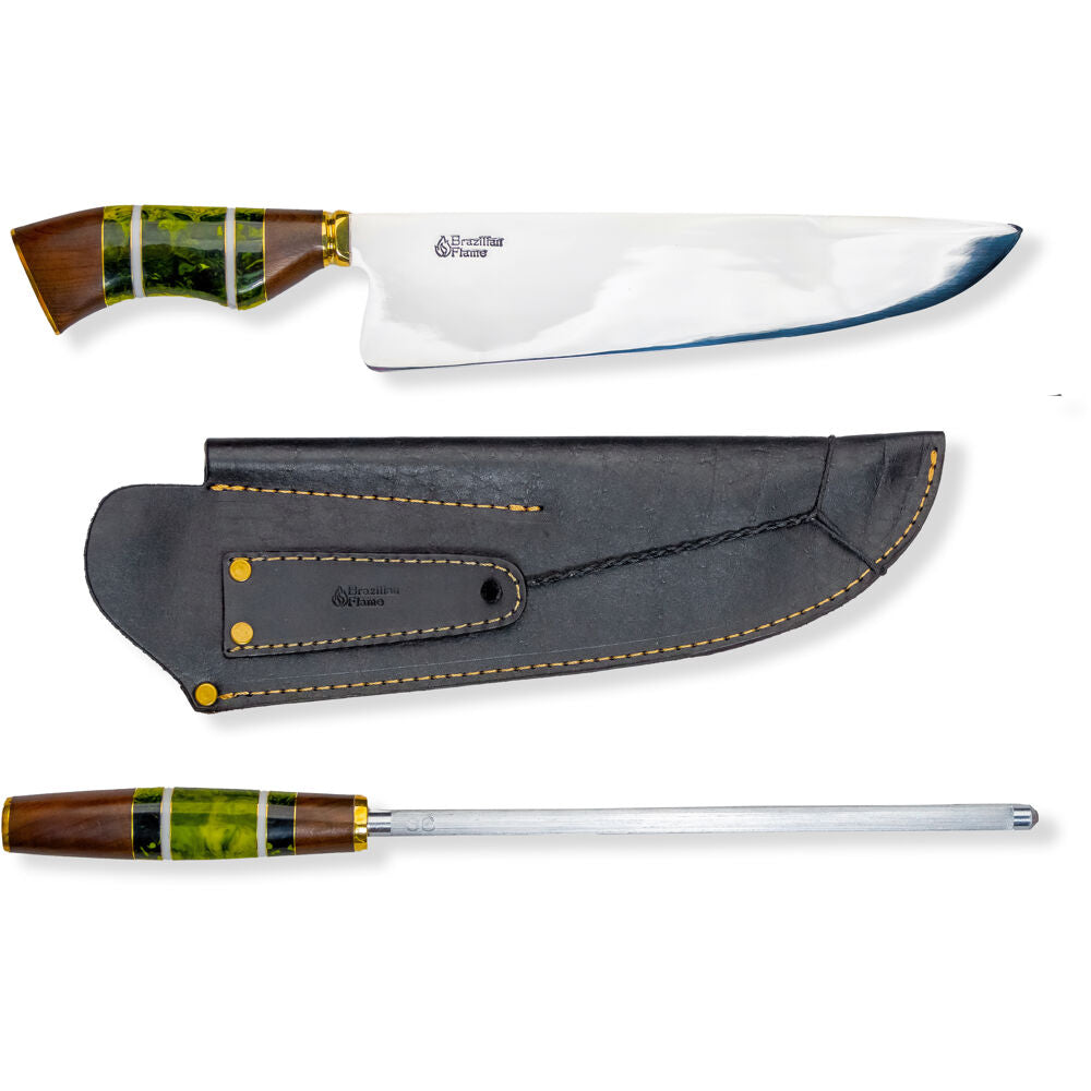 Brazilian Flame KF-REF228-10-GREEN 10" Rumpsteak Traditional Set Stainless Steel 3mm Knife + Sharpener