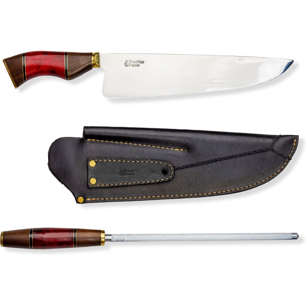 Brazilian Flame KF-REF228-10-RED 10" Rumpsteak Traditional Set Stainless Steel 3mm Knife + Sharpener