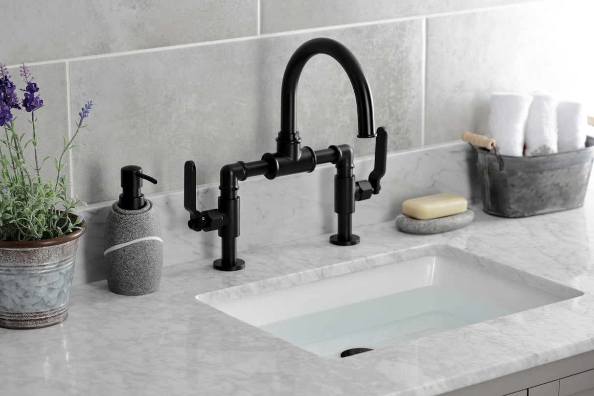 Kingston Brass KS2170KL Whitaker Industrial Style Bridge Bathroom Faucet with Pop-Up Drain, Matte Black