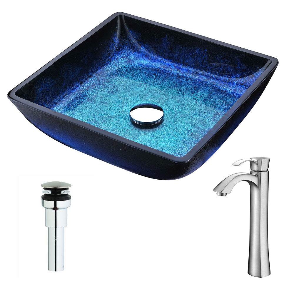ANZZI LSAZ056-095B Viace Series Deco-Glass Vessel Sink in Blazing Blue with Harmony Faucet in Brushed Nickel