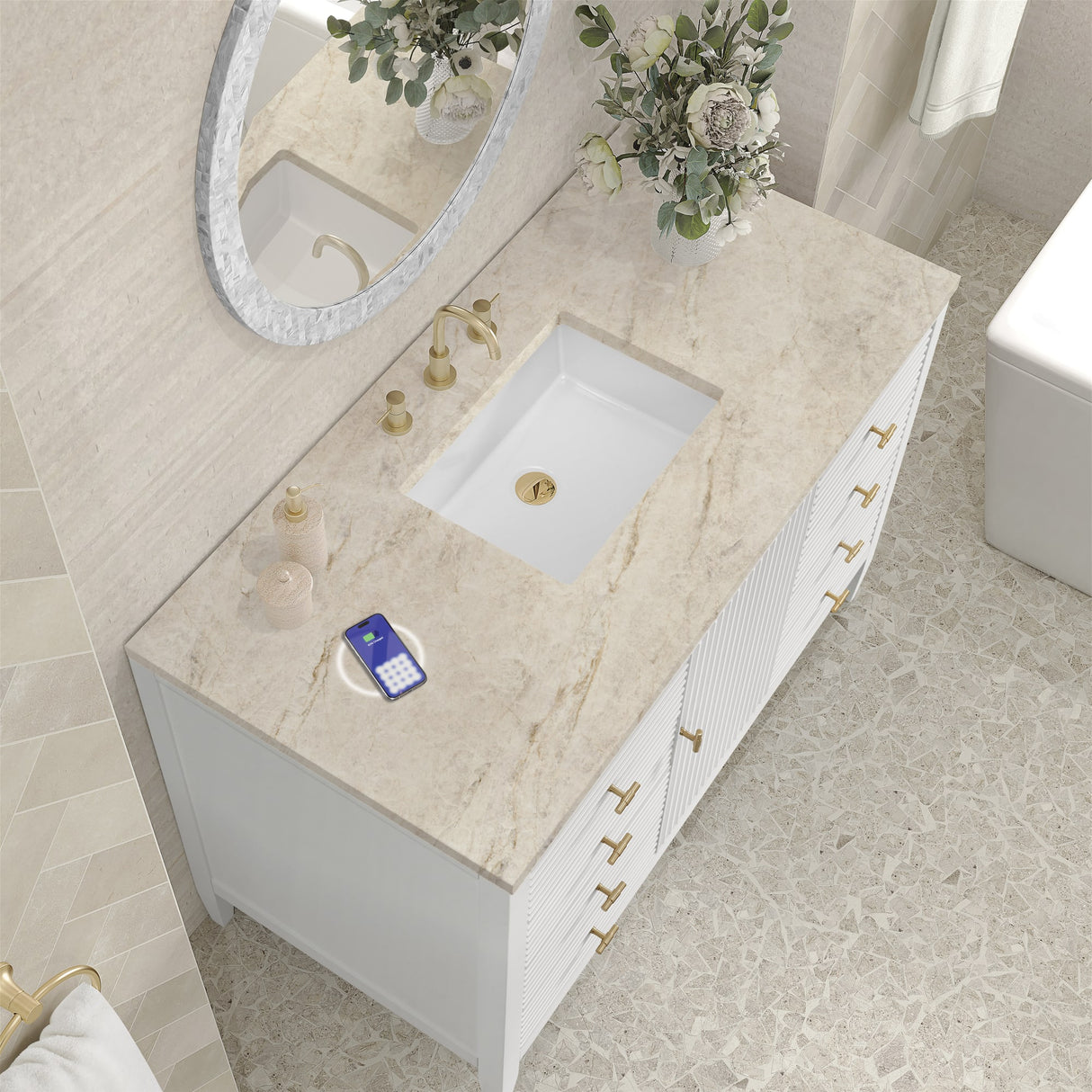 Myrrin 48" Single Vanity, Bright White, w/ 3 CM Tajnar Eclos Top w/FreePower Wireless Charger