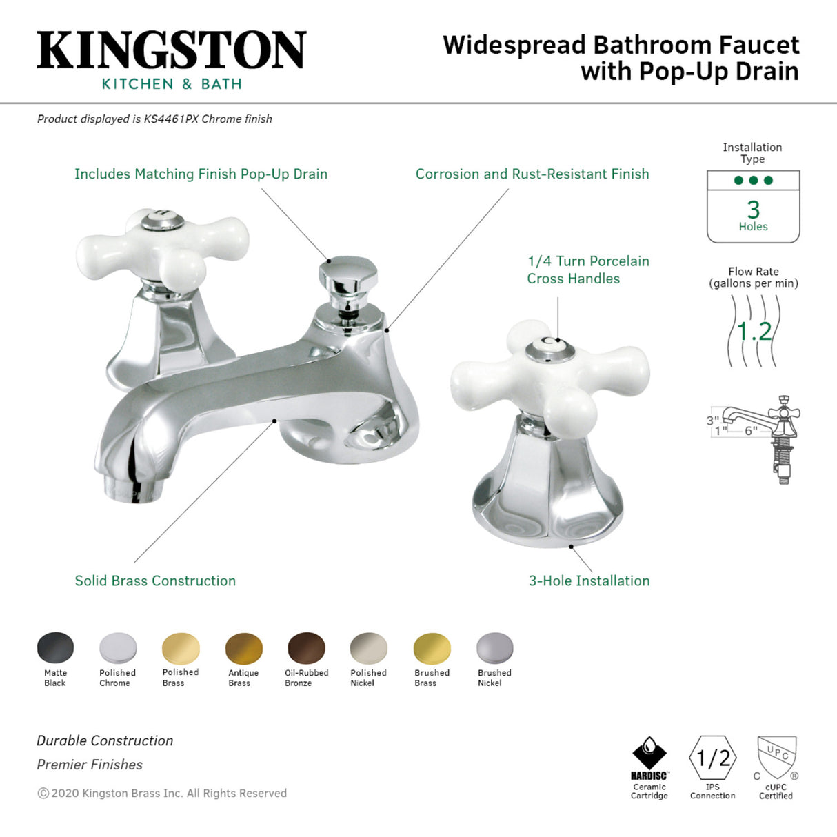 Kingston Brass KS4467PX 8 in. Widespread Bathroom Faucet, Brushed Brass