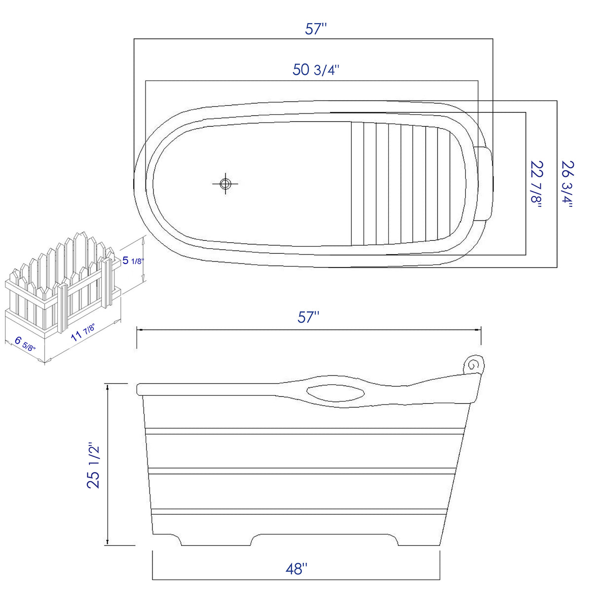ALFI brand AB1187 57" Free Standing Rubber Wooden Soaking Bathtub with Headrest