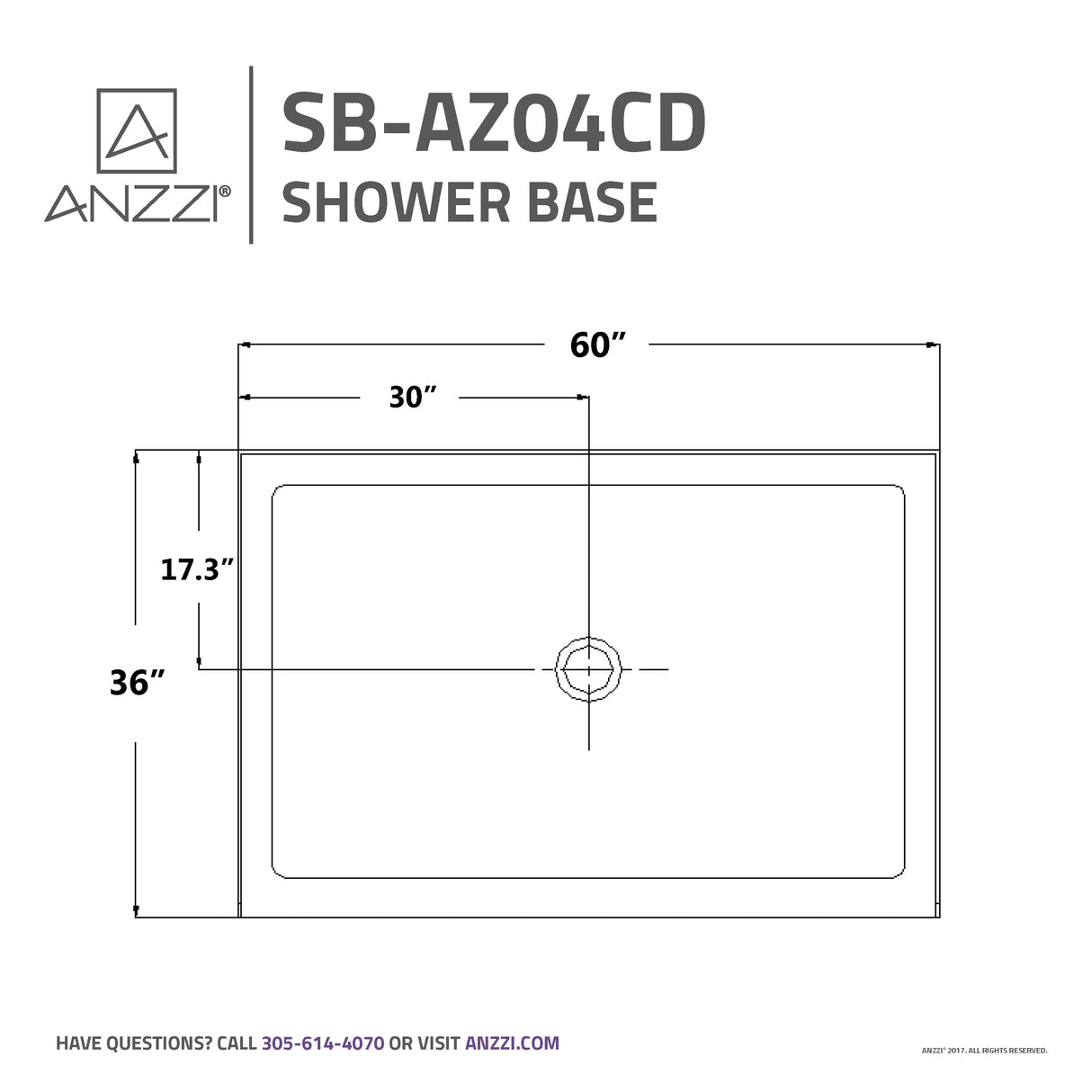 ANZZI SB-AZ04CD Tier 36 x 60  in. Center Drain Single Threshold Shower Base in White