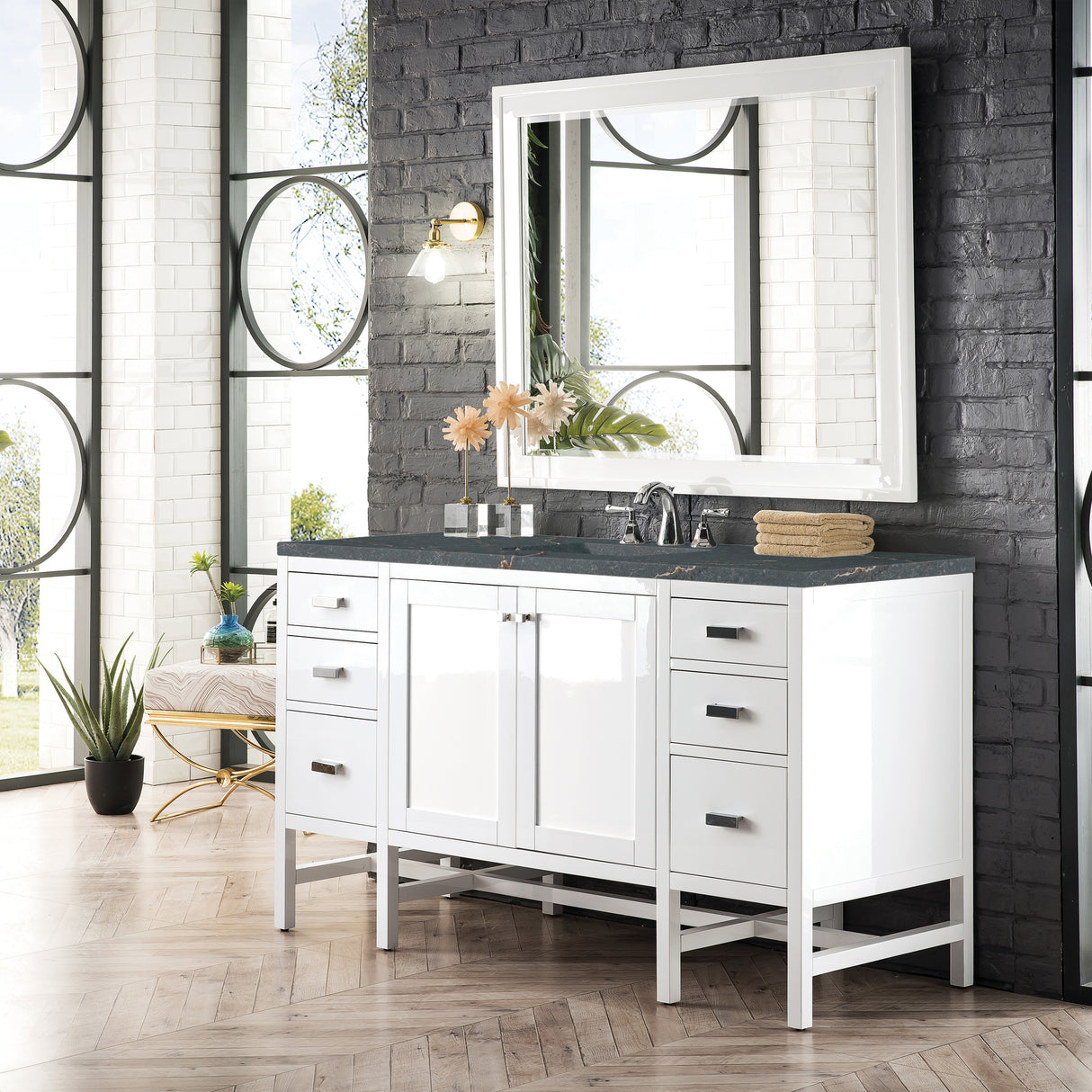 Addison 60" Single Vanity, Glossy White w/ 3 CM Parisien Bleu Silestone Top
