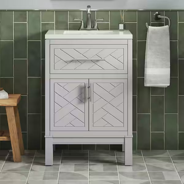 KOHLER Accra 24in. Single Sink Freestanding Atmos Grey Bath Vanity with Bianco Bella Quartz Top Assembled R35897-ASB-AGA