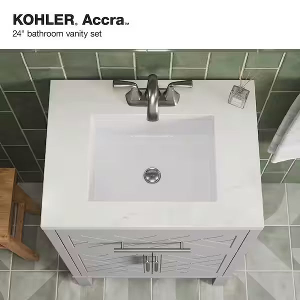 KOHLER Accra 24in. Single Sink Freestanding Atmos Grey Bath Vanity with Bianco Bella Quartz Top Assembled R35897-ASB-AGA