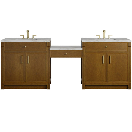 Bellshire 96" Dual Vanity Set with 24" Make-Up Counter, Honey Oak w/3 cm Victorian Silver Silestone Top