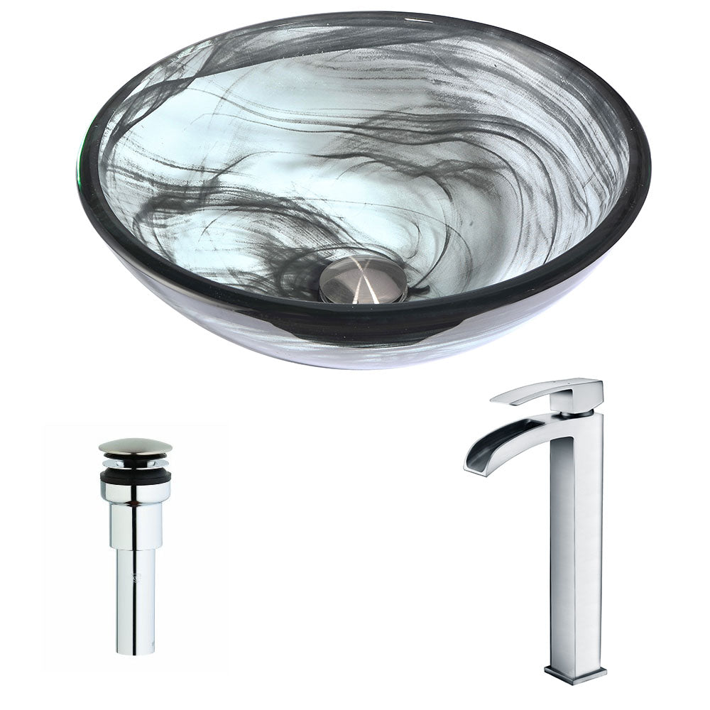 ANZZI LSAZ054-097 Mezzo Series Deco-Glass Vessel Sink in Slumber Wisp with Key Faucet in Polished Chrome