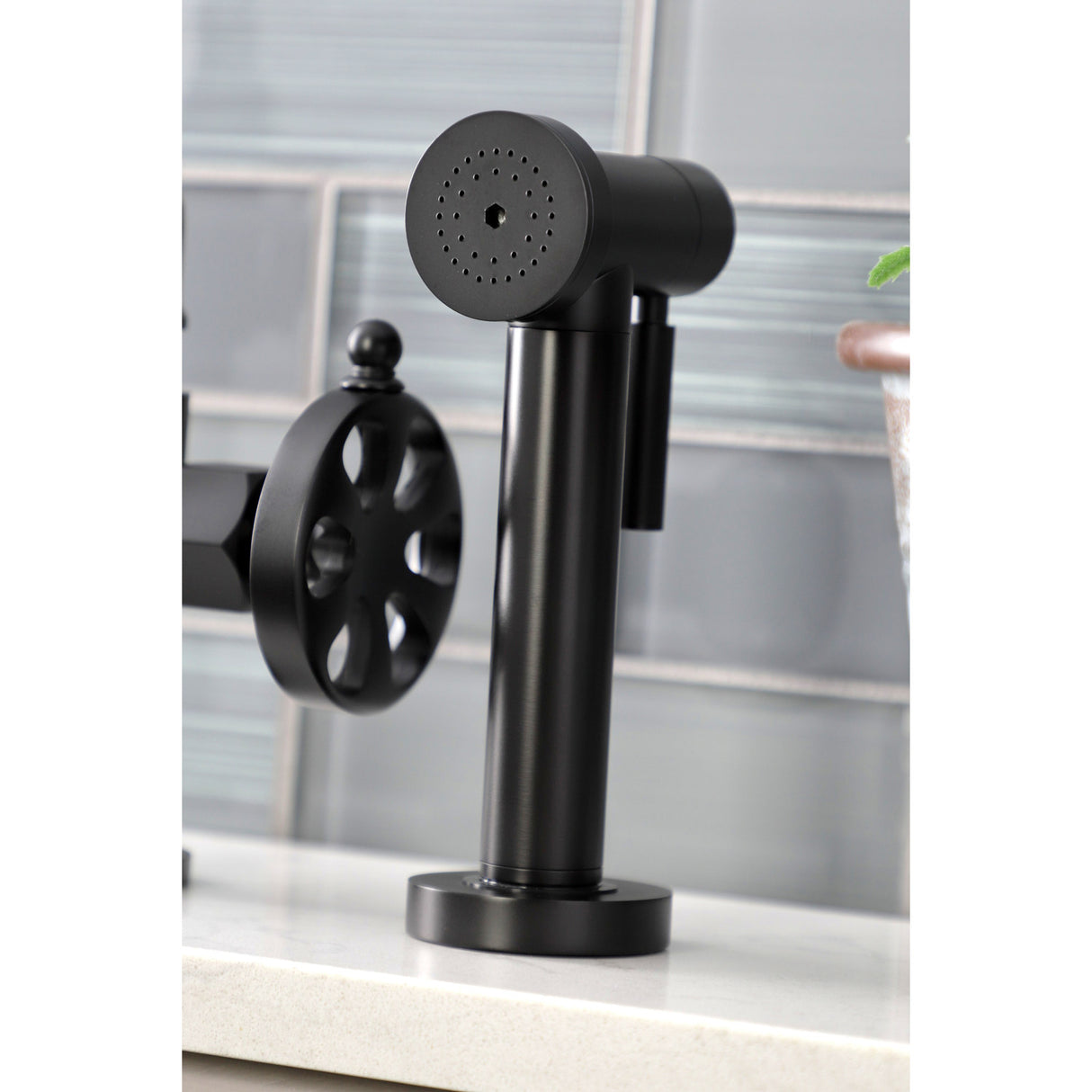 Kingston Brass KS2330RX Belknap Industrial Style Bridge Kitchen Faucet with Brass Sprayer, Matte Black