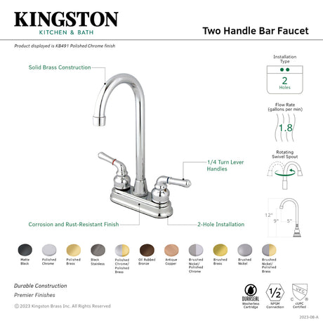 Kingston Brass KB491 Magellan Two-Handle 4" Centerset Bar Faucet, Polished Chrome