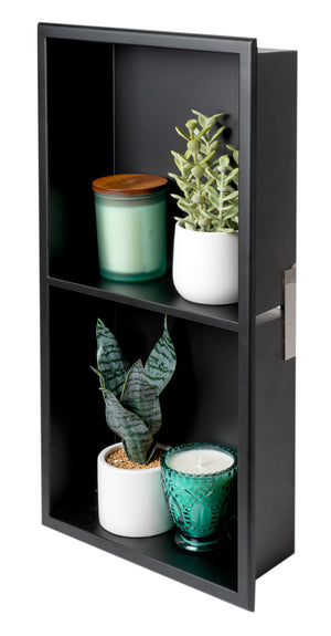 ALFI brand 12 x 24 Black Matte Stainless Steel Vertical Double Shelf Bath Shower Niche