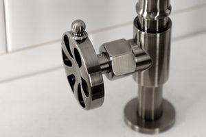 Kingston Brass KS2334RX Belknap Industrial Style Bridge Kitchen Faucet with Brass Sprayer, Black Stainless