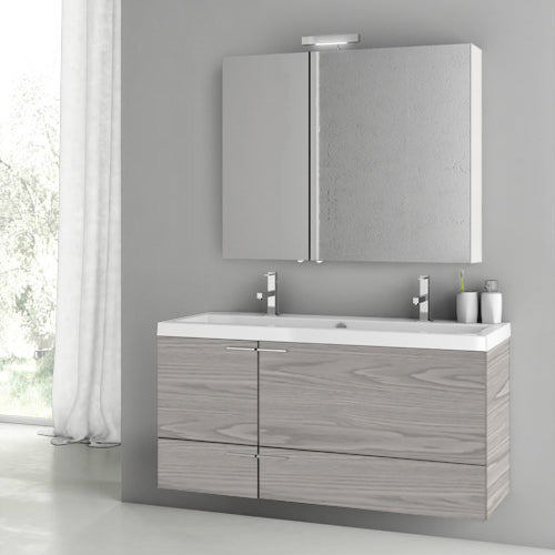 Double Bathroom Vanity, Wall Mount, Wide, 48", Grey Walnut