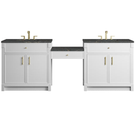 Bellshire 96" Dual Vanity Set with 24" Make-Up Counter, Bright White w/3 cm Parisien Bleu Silestone Top