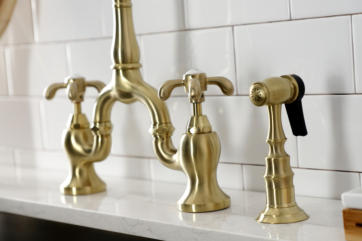 Kingston Brass KS7757TXBS French Country Bridge Kitchen Faucet with Brass Sprayer, Brushed Brass