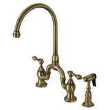 Kingston Brass KS7793ALBS English Country Bridge Kitchen Faucet with Brass Sprayer, Antique Brass