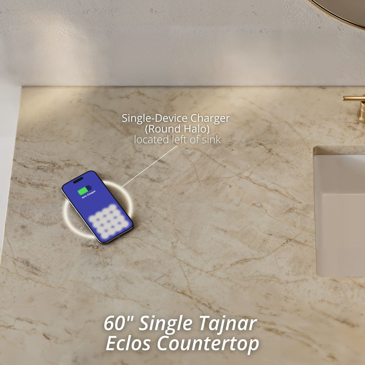 Hudson 60" Single Vanity, Honey Oak w/ 3 CM Tajnar Eclos Top w/FreePower Wireless Charger