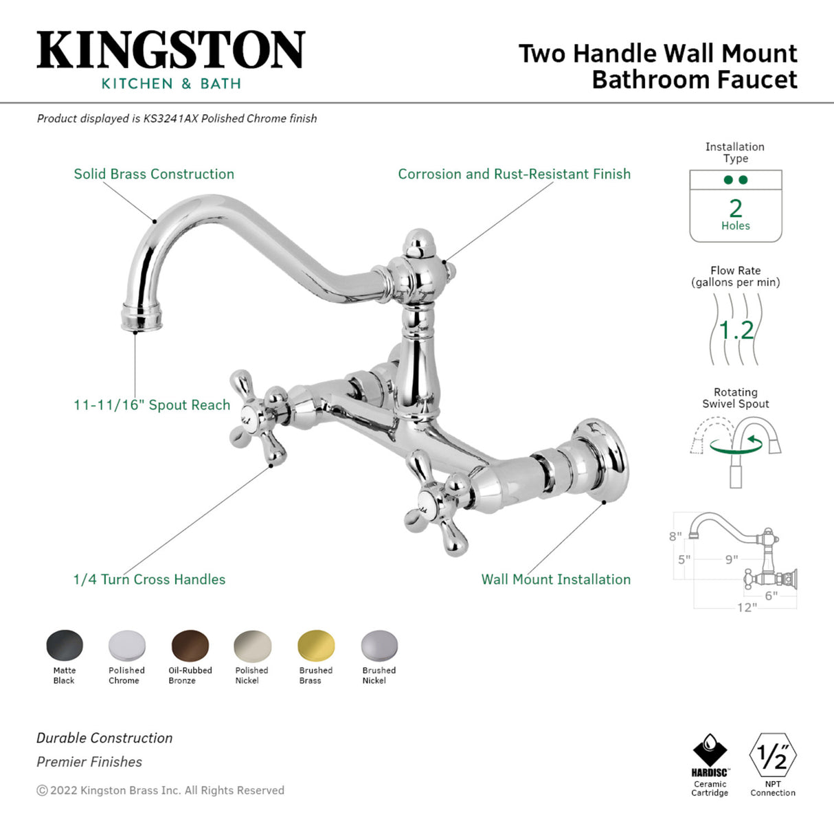 Kingston Brass KS3246AX Vintage Wall Mount Bathroom Faucet, Polished Nickel