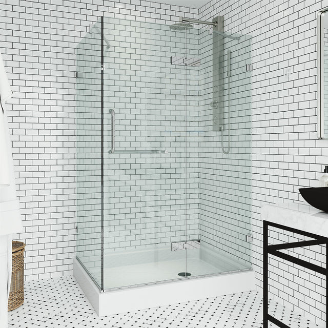 VIGO Monteray 32.375 W x 79.25 H Frameless Hinged Shower Enclosure in Chrome with shower base and handle VG6011CHCL48WR