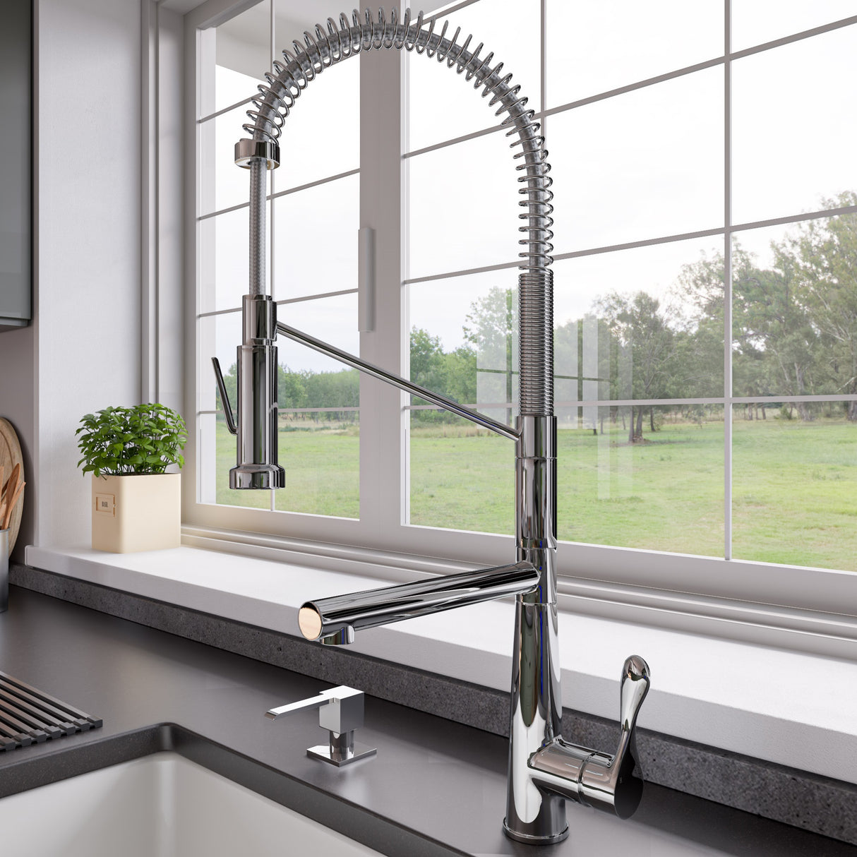 Polished Chrome Double Spout Commercial Spring Kitchen Faucet