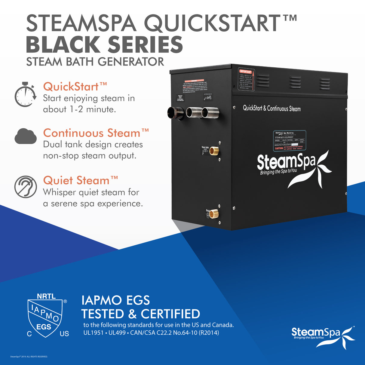 Black Series Wifi and Bluetooth 10.5kW QuickStart Steam Bath Generator Package in Gold BKT1050GD-A