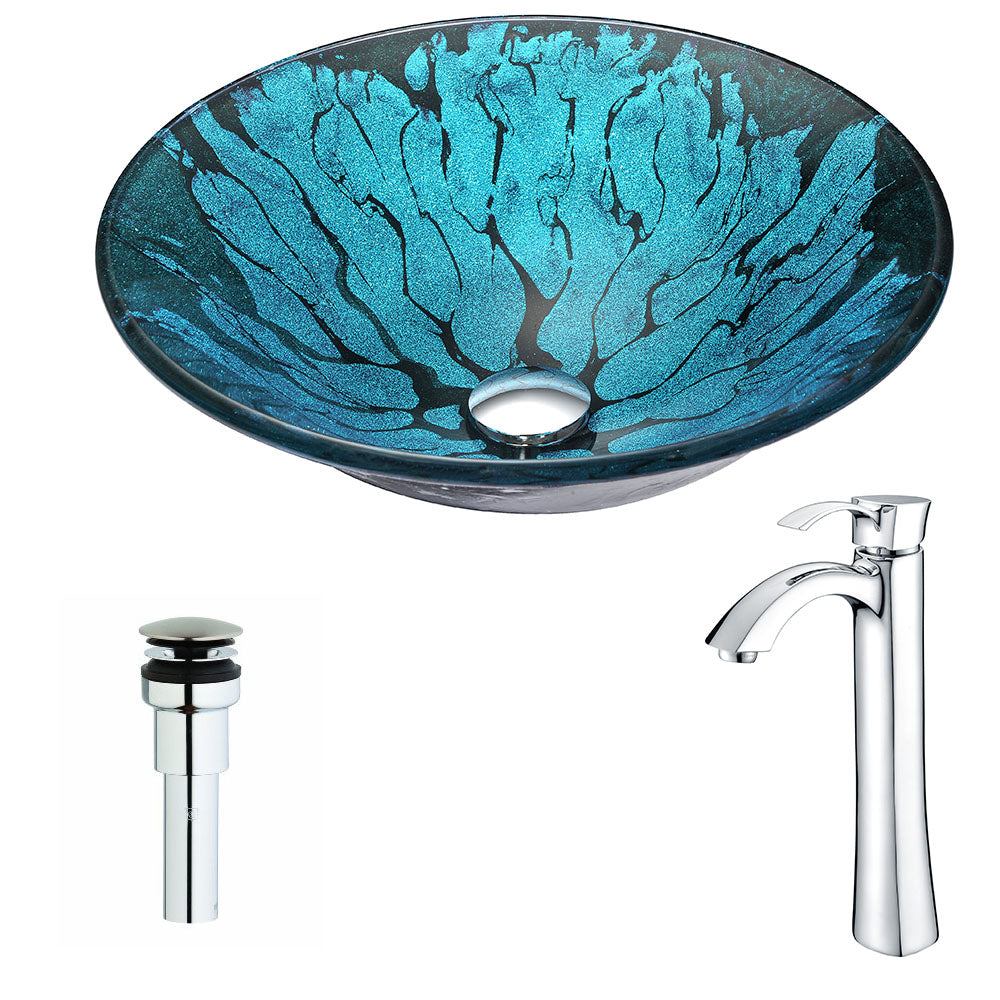 ANZZI LSAZ046-095 Key Series Deco-Glass Vessel Sink in Lustrous Blue and Black with Harmony Faucet in Chrome