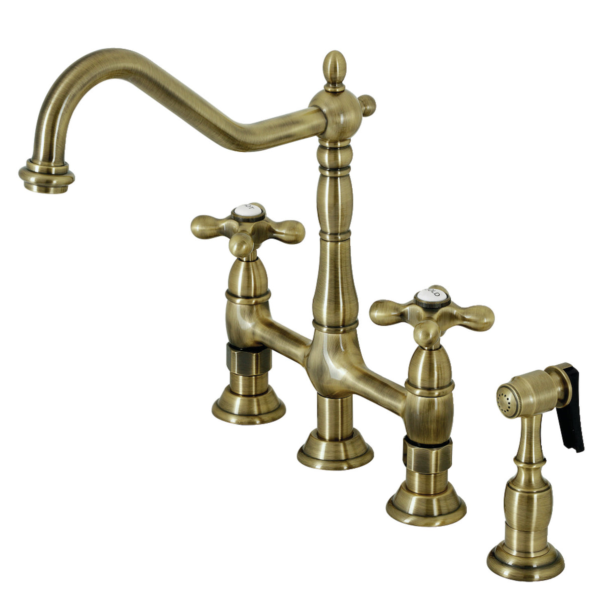 Kingston Brass KS1273AXBS Heritage Bridge Kitchen Faucet with Brass Sprayer, Antique Brass