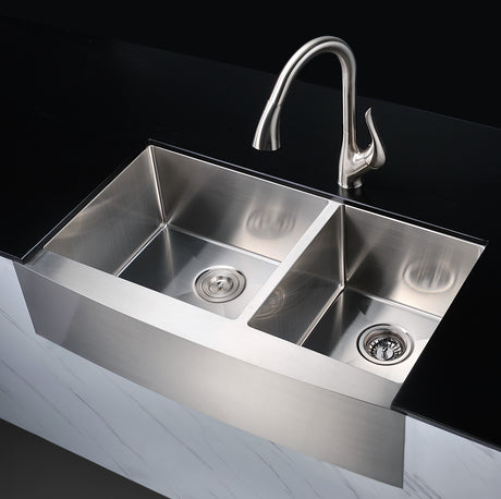 ANZZI K-AZ3620-3A Elysian Farmhouse Stainless Steel 36 in. 0-Hole 60/40 Double Bowl Kitchen Sink in Brushed Satin