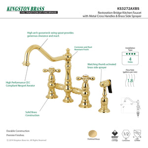 Kingston Brass KS3272AXBS Restoration 8" Bridge Kitchen Faucet with Sprayer, Polished Brass
