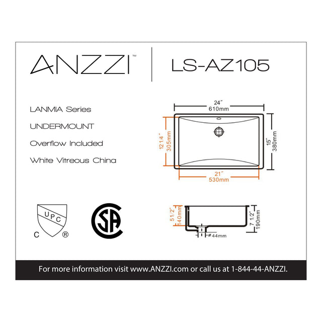 ANZZI LS-AZ105 Lanmia Series 24 in. Ceramic Undermount Sink Basin in White