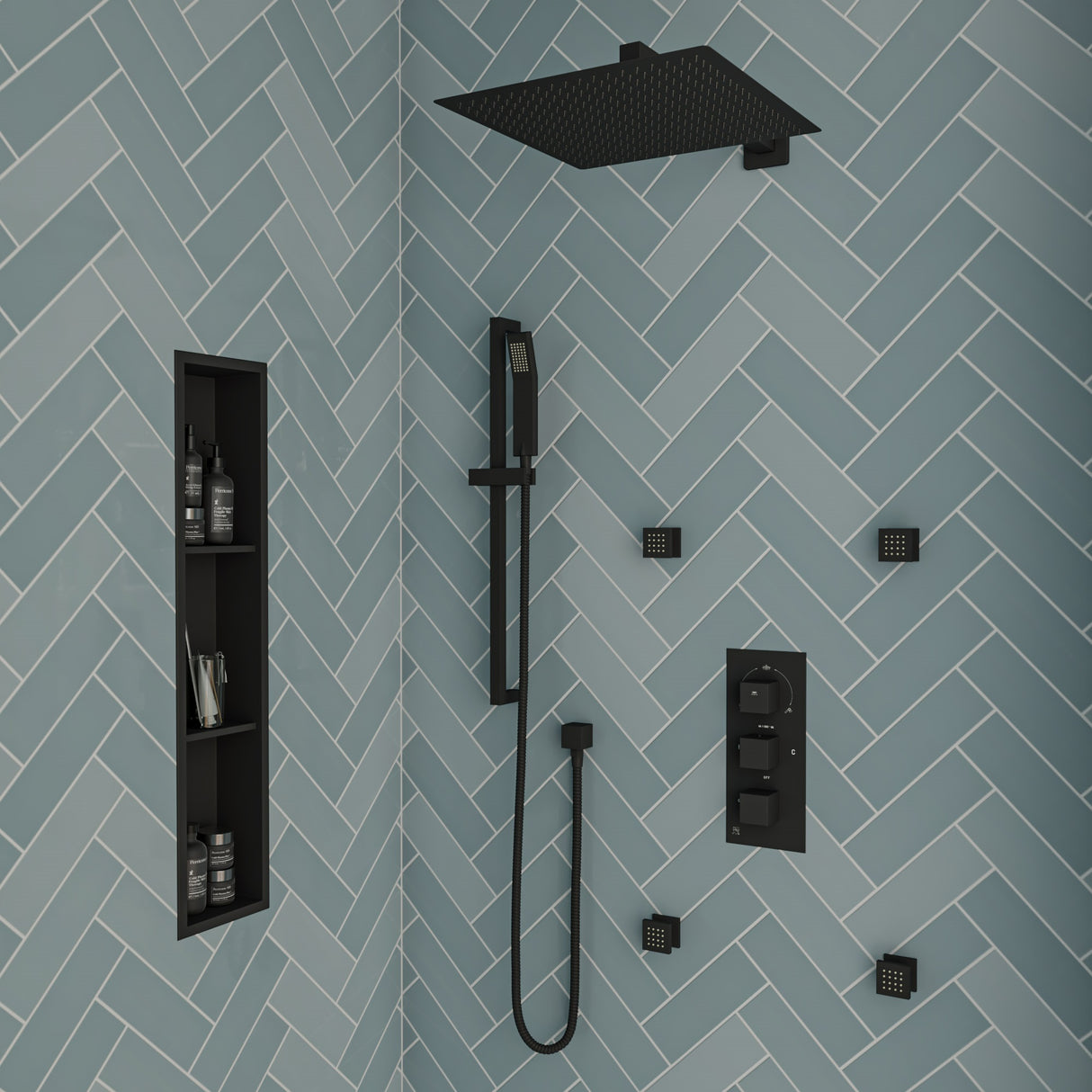 ALFI brand 8" x 36" Black Matte Stainless Steel Vertical Triple Shelf Bath Shower Niche