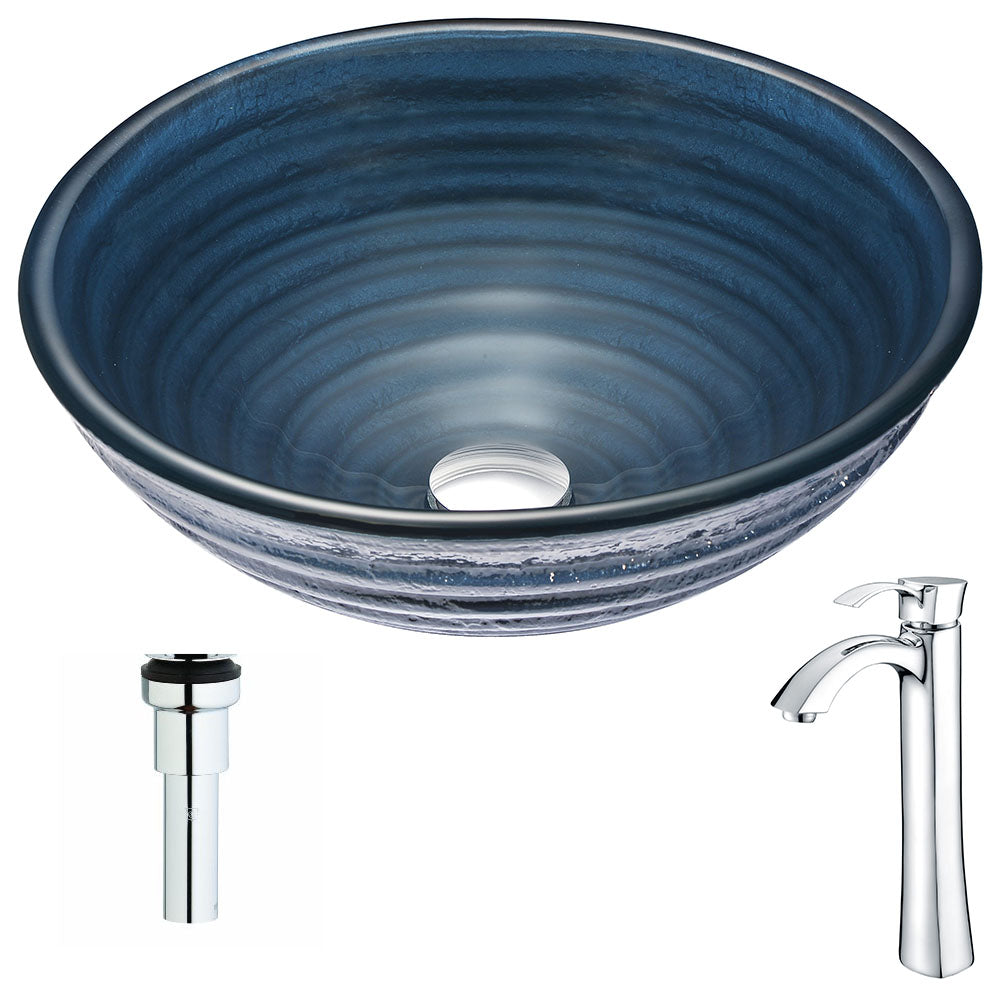 ANZZI LSAZ042-095 Tempo Series Deco-Glass Vessel Sink in Coiled Blue with Harmony Faucet in Polished Chrome