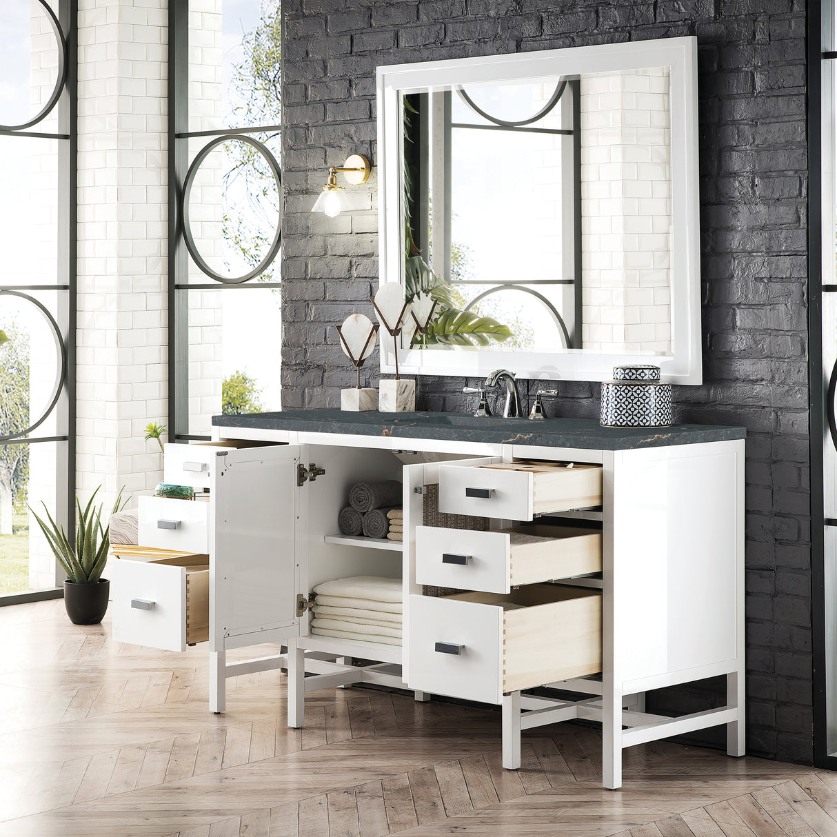 Addison 60" Single Vanity, Glossy White w/ 3 CM Parisien Bleu Silestone Top