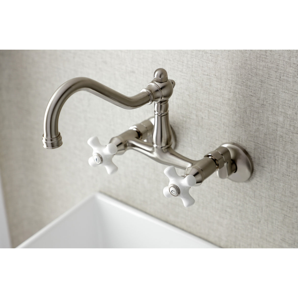 Kingston Brass KS3228PX Vintage 6" Adjustable Center Wall Mount Kitchen Faucet, Brushed Nickel