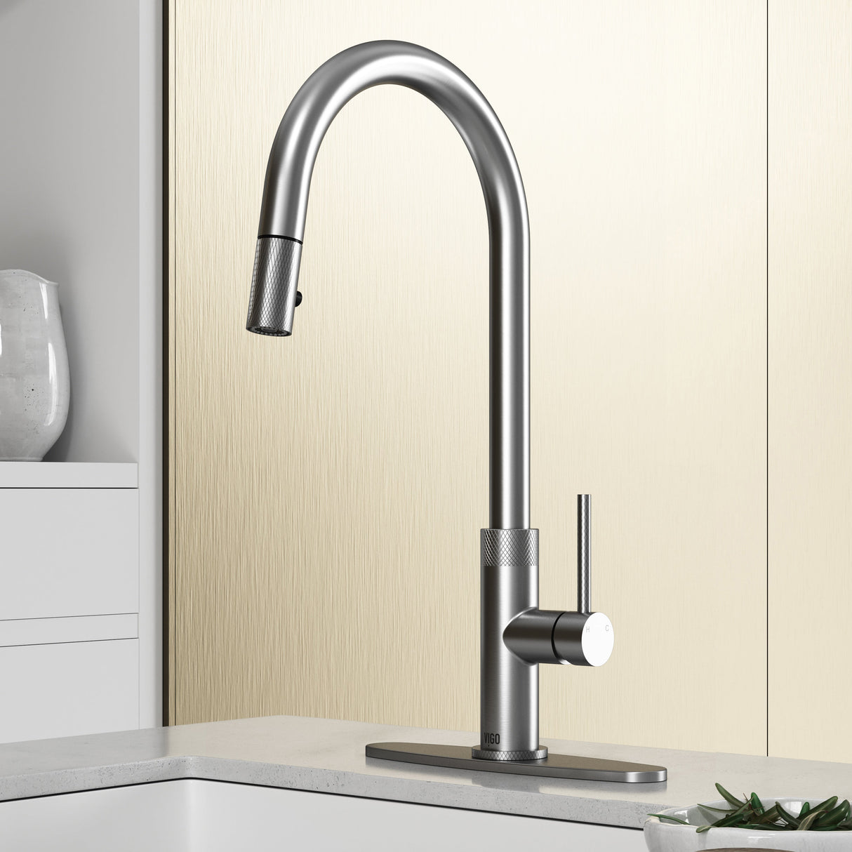 VIGO Bristol Pull-Down Kitchen Faucet with Deck Plate in Stainless Steel VG02033STK1