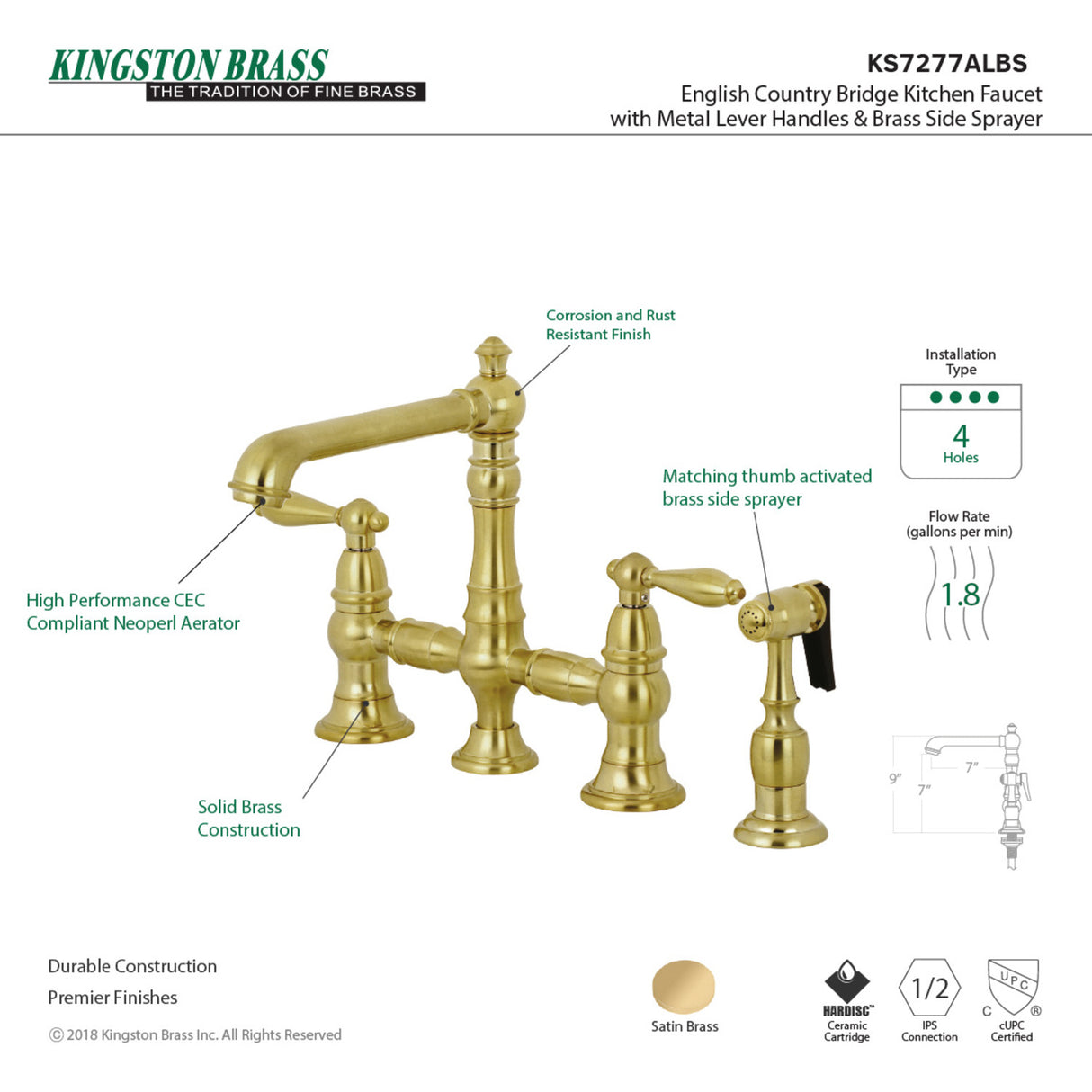 Kingston Brass KS7277ALBS Kitchen Faucet with Side Sprayer, Brushed Brass