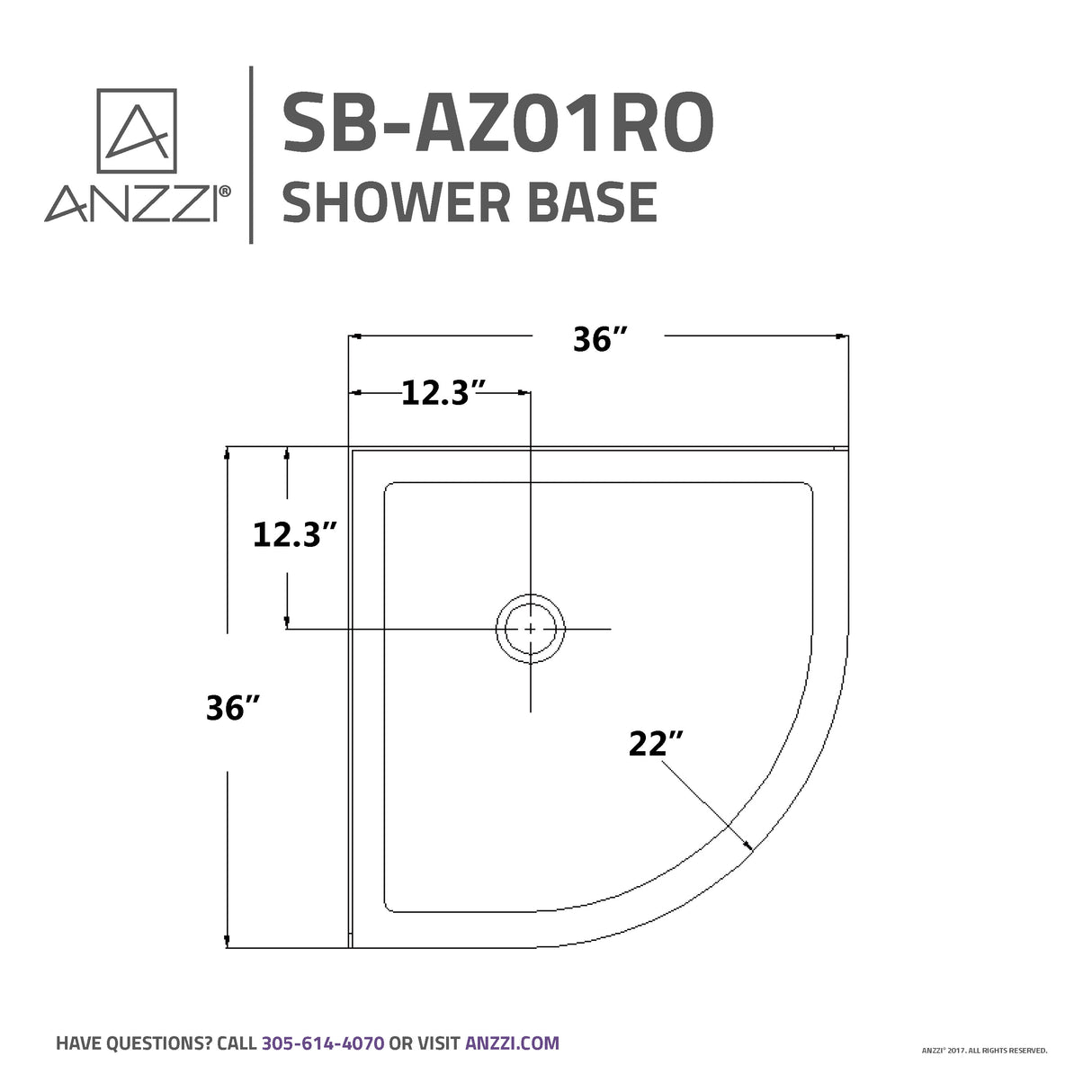 ANZZI SB-AZ01RO-R 36 x 36 in. Neo-Round Double Threshold Shower Base in White