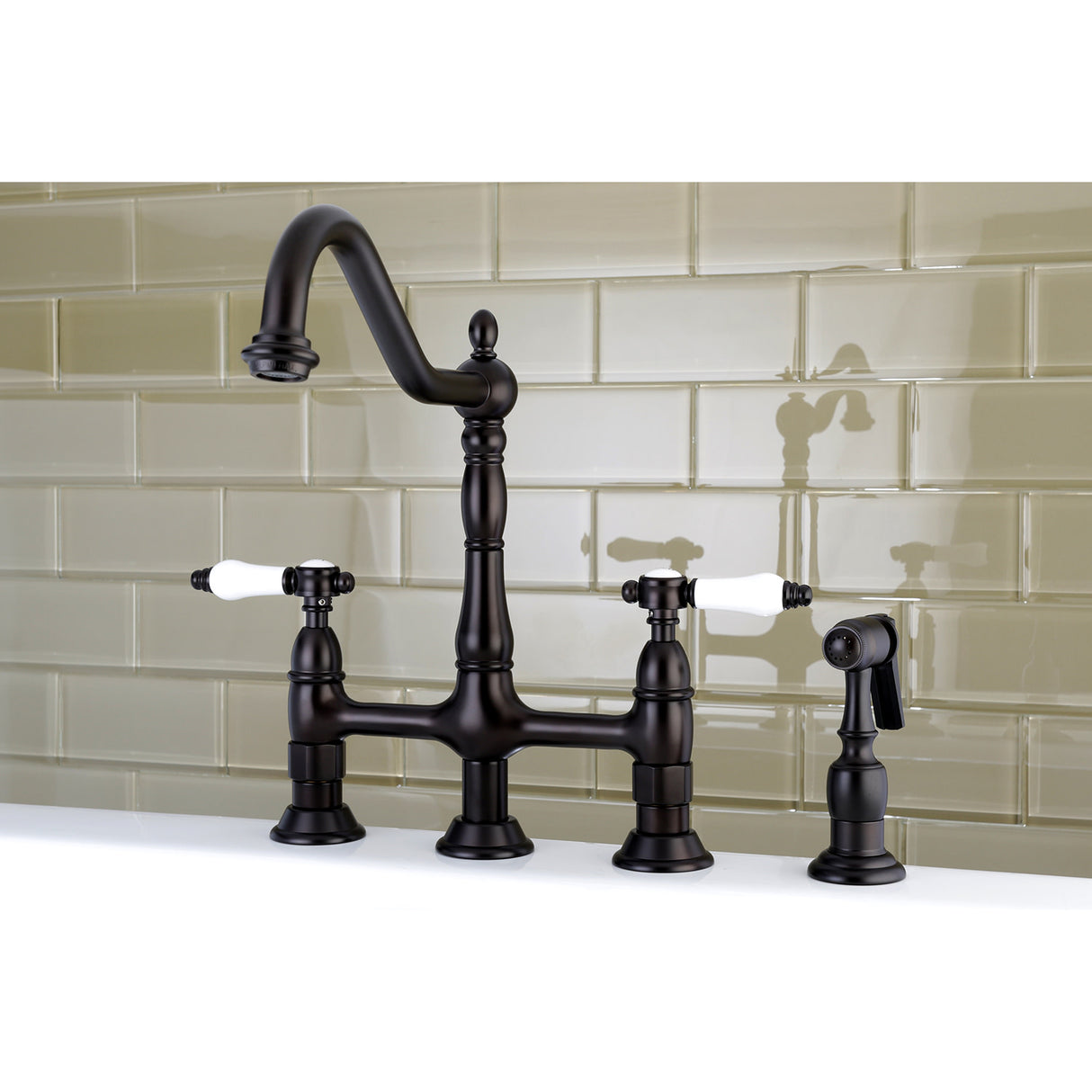 Kingston Brass KS1275BPLBS Bel-Air Bridge Kitchen Faucet with Brass Sprayer, Oil Rubbed Bronze