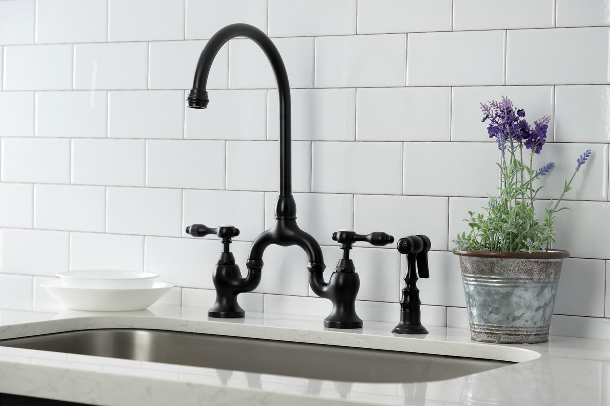 Kingston Brass KS7790TALBS Tudor Bridge Kitchen Faucet with Brass Sprayer, Matte Black