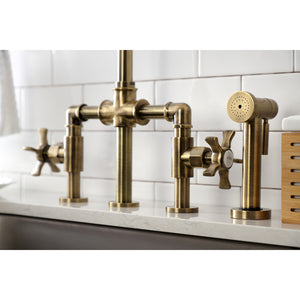 Kingston Brass KS2333NX Hamilton Industrial Style Bridge Kitchen Faucet with Brass Sprayer, Antique Brass